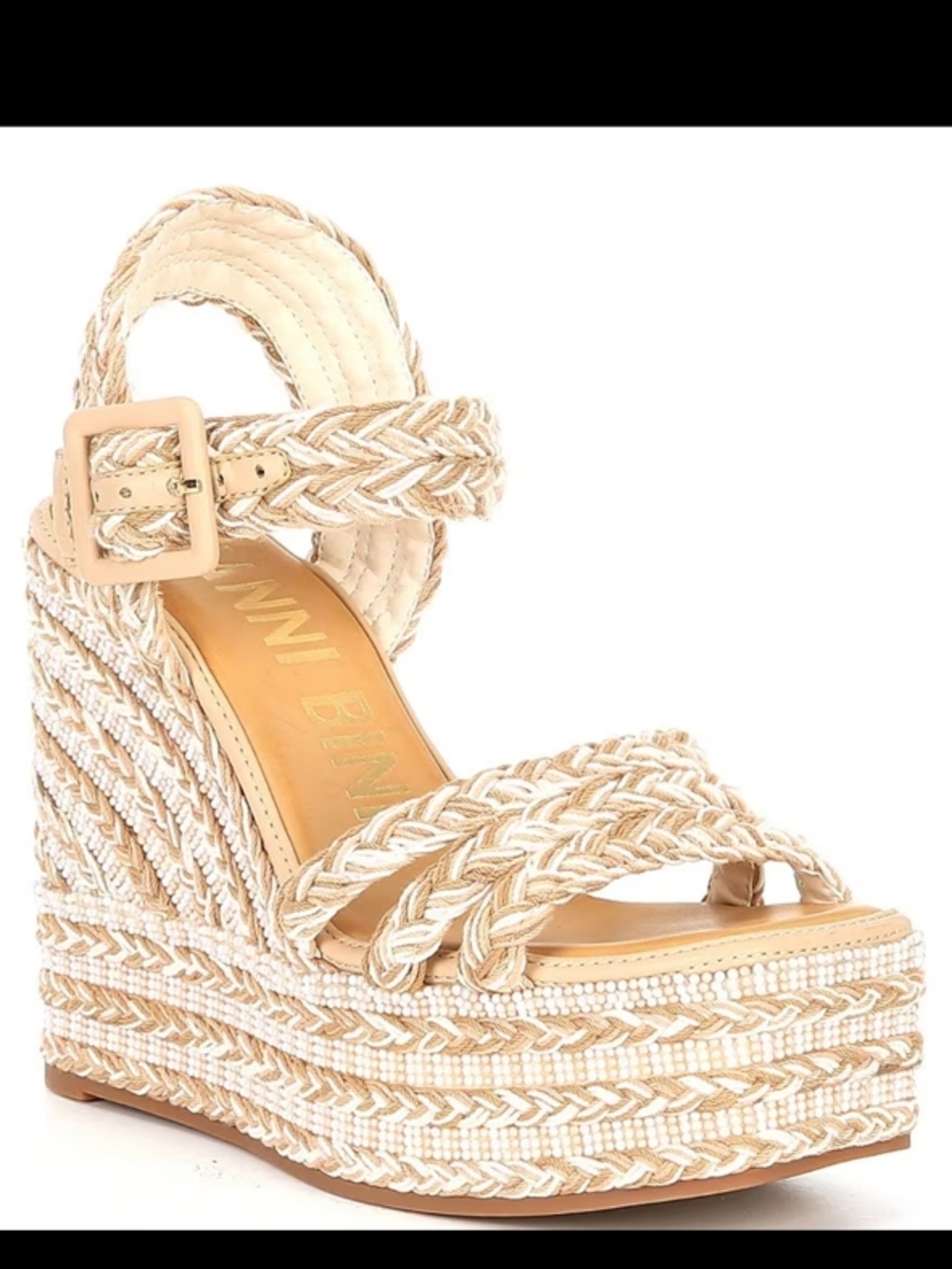 Beige Braided Wedge Sandals with Ankle Strap